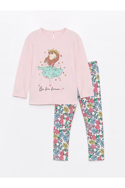 LC Waikiki Crew Neck Printed T-Shirt and Leggings for Baby Girl - Set of 2