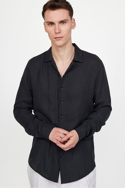 Tudors Μαύρο Slim Fit Muslin ύφασμα - Πουκάμισο με γιακά Apache με μακρυμάνικο σχέδιο