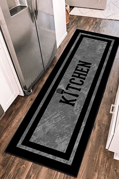 PINKIE HOME Dijital Baskılı Kaymaz Taban Makinede Yıkanabilir Kitchen Yazılı Gri Mutfak Halısı Yolluk-2