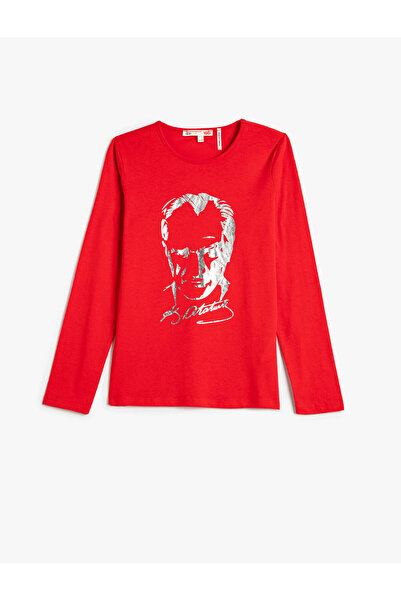 Koton Atatürk bedrucktes T-Shirt aus glänzender Baumwolle mit langen Ärmeln u...