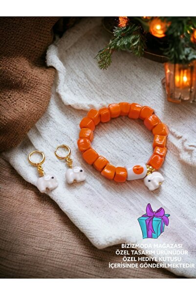 bizizmoda Bodrum Glass Bead Orange Luck Bracelet Gold Murano Earring Set