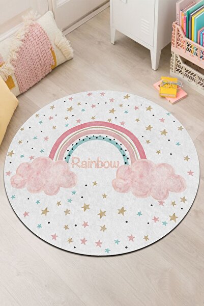 PINKIE HOME Dijital Baskı Kaymaz Taban Makinede Yıkanabilir Pembe Gökkuşağı Desenli Yuvarlak Halı-4