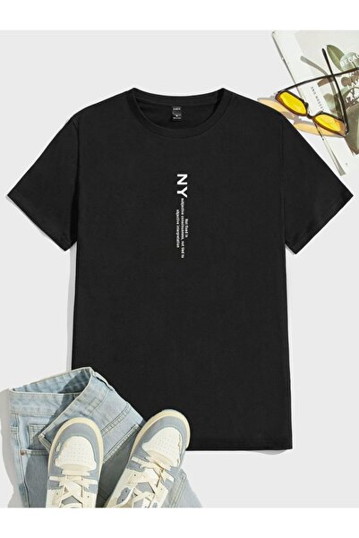 NOFLEN Tricou negru oversize cu croiala lejeră în piept, cu verticală N.Y