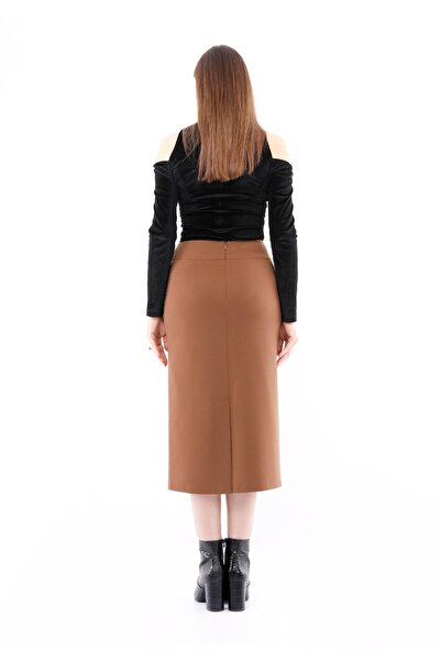 G-Line Hazelnut Color Midi Pencil Skirt with Back Zipper - Slit