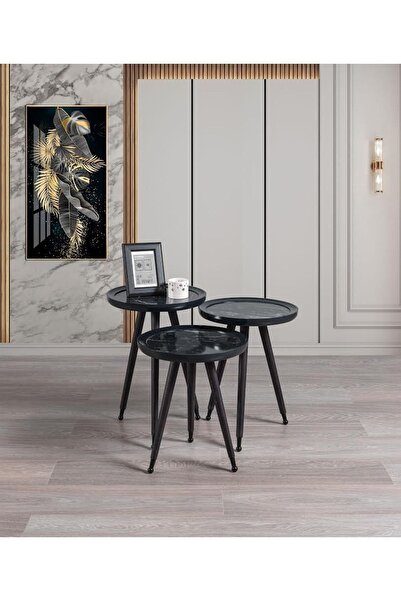İnegöl Sehpa New Siyah Mermer 3'lü Yuvarlak Zigon Sehpa