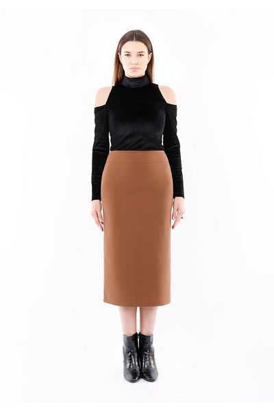 G-Line Hazelnut Color Midi Pencil Skirt with Back Zipper - Slit