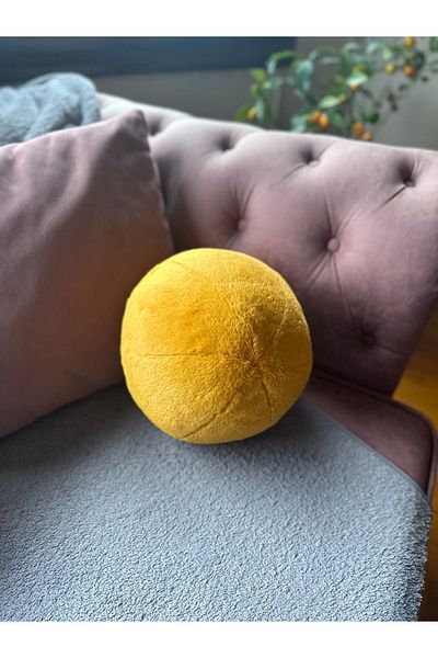 sevaradekor Plush Ball Pillow Mustard Yellow Ball Pillow
