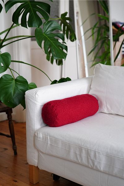 sevaradekor Teddy Cylinder Pillow Boucle Cylinder Throw Pillow Cover with Red Inner Filling