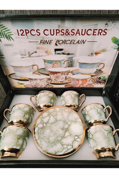 PasajdanBul 6 lı lüx kahve fincan seti Altın sarısı, Yeşil ve Beyaz işleme