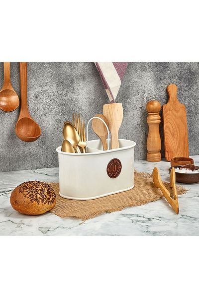 LUCKYHOMES Λευκή Διακοσμητική Μπολ Κουτάλι - Μεταλλική Οργάνωση 2 Διαμερισμάτων στο Πάγκο