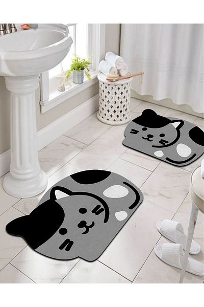 PINKIE HOME Digital Printed Non-Slip Base Cute Kitten Bath Mat Double Toilet Set (40x60) (60x100)-p21