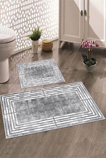 Zeria Home قاعدة مخططة غير قابلة للانزلاق قابلة للغسل 2 قطعة 60x100 - 50x60 س...