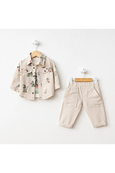 Baby Fou طقم طباعة خيمة قميص أخضر بأكمام طويلة