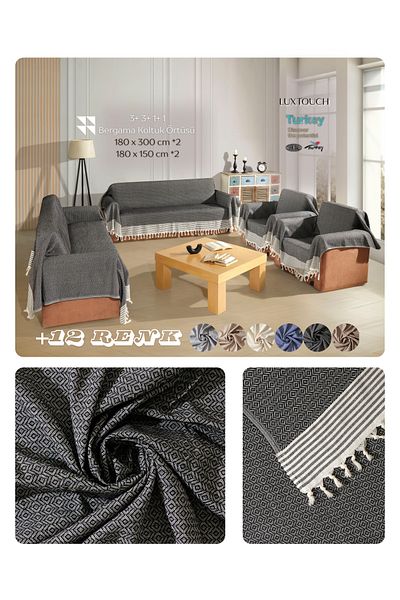 Lux Touch Set cuvertură de pilota antiderapante neagră Bergama - Set canapea extensibilă 3 3 1 1 cu fotoliu din bumbac