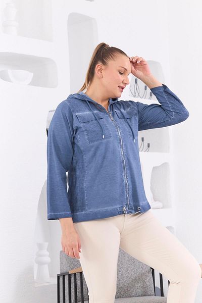 RMG Zipper Detailed Hooded Large Size Indigo Washed Jacket