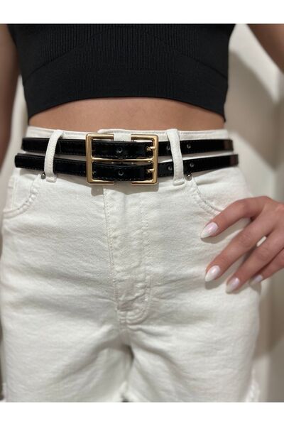 Eksibir Çiftli Rugan Kemer Kadın Kemeri Pantolon Kemeri Elbise Kemeri