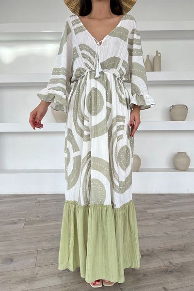 Seda Yalçın Atelier Green Patterned Off-Shoulder Maxi Dress