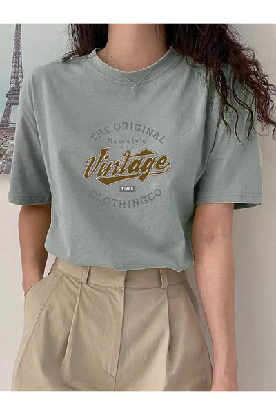 FAVORİST Βαμβακερό Vintage εμπριμέ μπλουζάκι Oversize