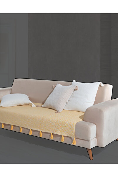 Lux Touch Lavi Ponponlu Sarı Koltuk Örtüsü 115 x 200 cm Kanepe Divan Çekyat Berjer Örtüsü Şalı Püsküllü