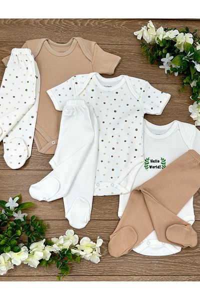 PATSAN 6 Piece Cotton Set for Newborn Baby - 3 Snap Fasteners Body and 3 Booties Bottom Polka Dot
