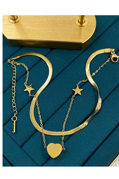 Aylish Bijuteri Italian Chain Detailed Gold Star and Heart Patterned Steel Anklet