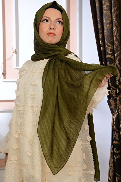 isometric Khaki Green Chiffon Shawl - Bright Line Pattern, for Casual and Evening Dresses