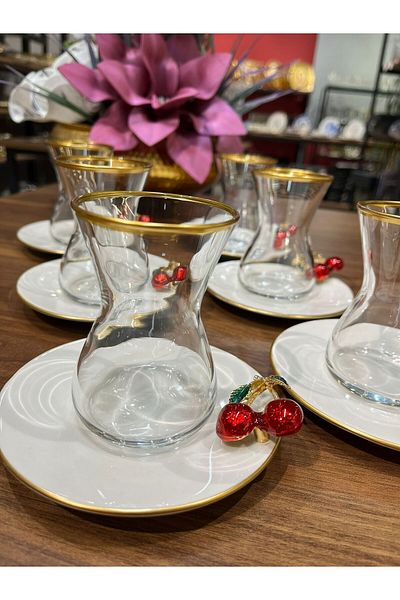 Paşabahçe PANDORANIN BOX 6 PERSON TEA Cup SET WITH PORCELAIN PLATE, PASHABAHCE Cup, CHERRY