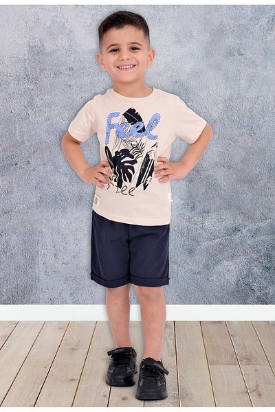 lorio kids Men's Set - FEEL PRINTED, Top Combed Cotton, Bottom Linen, Sort