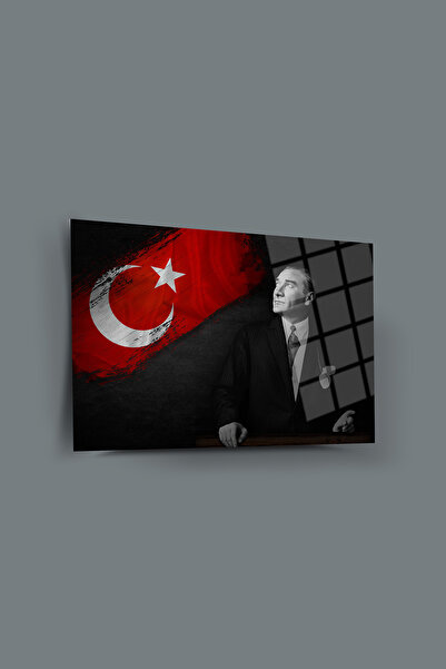 glassartdesign Pictură pe sticlă Ataturk 89-Pictură Ataturk-Pictură cu steagu...