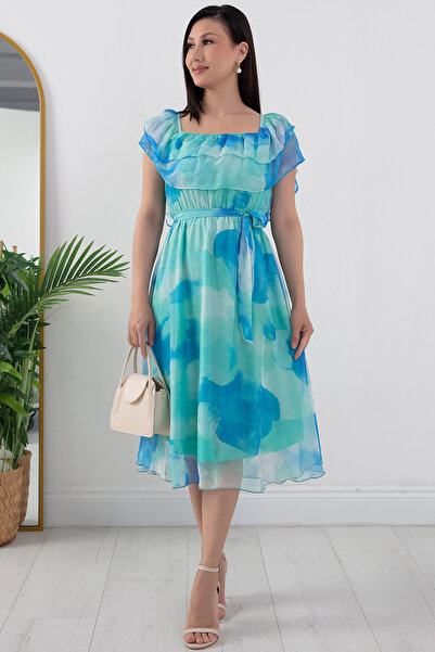 PULLIMM Шифонена рокля с яка Мадона - с щампа, GRS3446