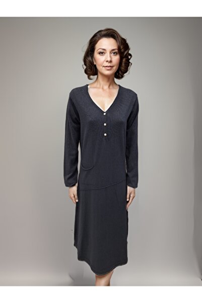 Okçu Triko 100% Cotton Long Sleeve Midi Length Knitwear Dress