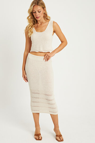Cool & Sexy Ecru Women's Knitwear Skirt Set - Openwork YV251