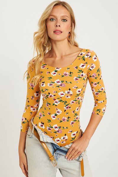 Cool & Sexy Mustard Floral Patterned Women's Bodysuit - with Snap Fasteners, RK40