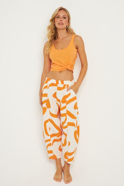 Cool & Sexy Ecru-orange gemusterte Baggy-Hose aus Leinen für Damen - K1253