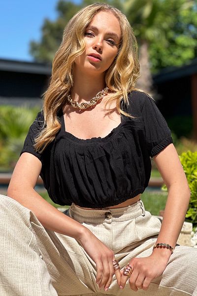Trend Alaçatı Stili Black Crop Ice - Square Collar and Elastic Waist ALC-X12422