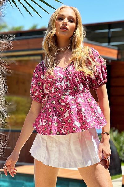 Trend Alaçatı Stili Pink Watermelon Sleeve Patterned Poplin Women's Blouse - ALC-X12411