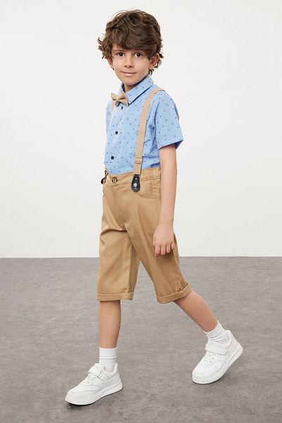 TRENDYOLKIDS Синя памучна риза и къси панталони за момче - Tkdss24Au00006