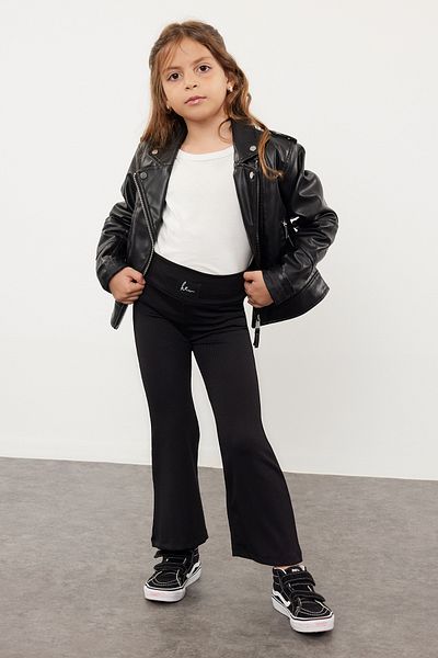 TRENDYOLKIDS Jambiere tricotate de bază cu picior lat/flare pentru fete negre TKDSS24TA00007