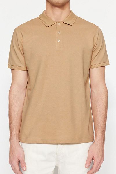Trendyol Collection Bézs csíkos karcsúsított póló nyakú póló - 100% pamut TMNSS20PO0009