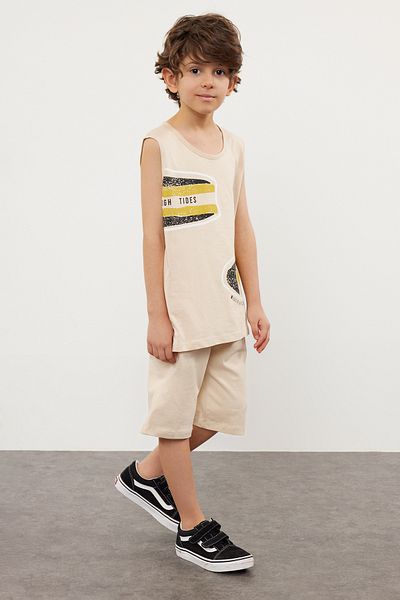 TRENDYOLKIDS Boy's Beige Printed Sleeveless T-Shirt and Shorts Set - Cotton Knitted Tkdss24Au00007