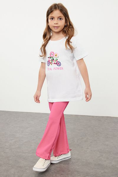 TRENDYOLKIDS Λουλουδάτο μοτίβο λευκό βαμβακερό μπλουζάκι για κορίτσια - TKDSS24TS00040