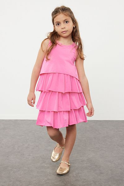 TRENDYOLKIDS Ροζ κοριτσίστικο βολάν αμάνικο πλεκτό φόρεμα TKDSS24EL00002