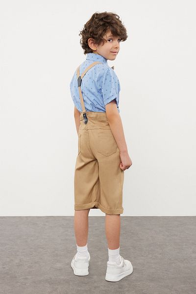 TRENDYOLKIDS Синя памучна риза и къси панталони за момче - Tkdss24Au00006