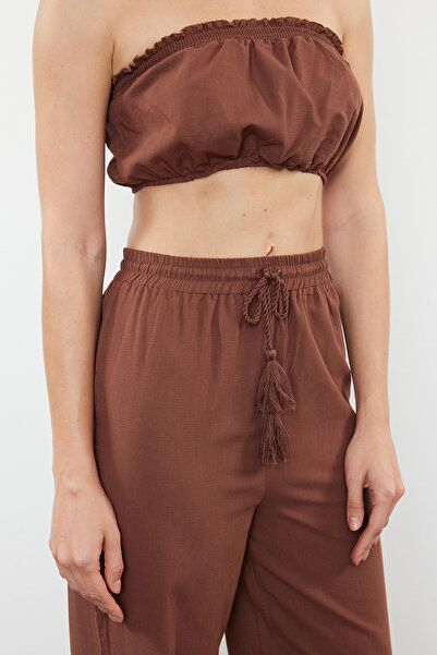 Trendyol Collection Σετ παραλίας 100% βαμβακερό καφέ μπλούζα και παντελόνι - TBESS21AU0444