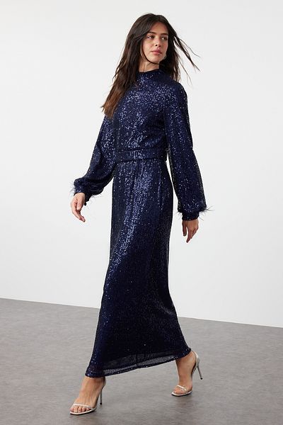 Trendyol Modest Marineblaues Abendkleid mit Pailletten - Otriş Detailed TCTSS24DB00049