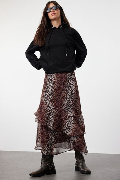 Trendyol Modest Barna állatmintás bélelt szőtt szoknya TCTAW24EE0020