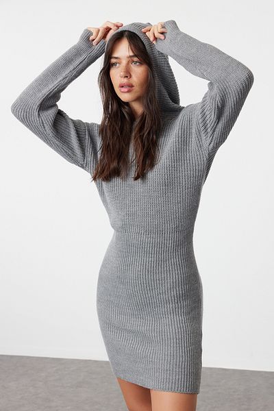 Trendyol Collection Knitwear Gray Mini Hooded Dress - TWOAW23EL00075