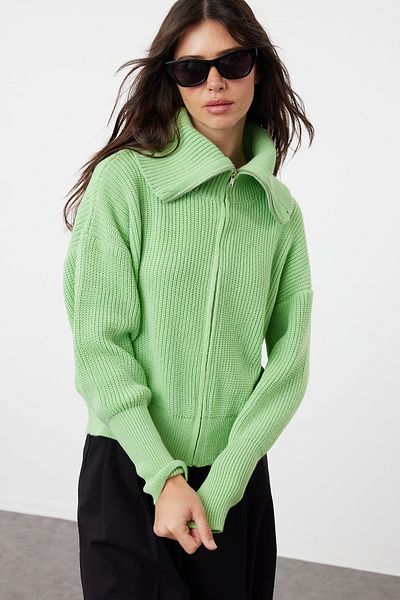 Trendyol Collection Breite Strickjacke mit Umlegekragen und Reißverschluss – Mint TWOAW24HI00072