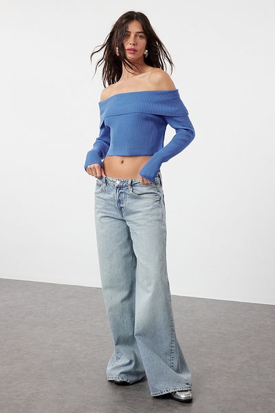 Trendyol Collection Pulover din tricot cu guler Carmen Super Crop albastru închis TWOAW22KZ1897