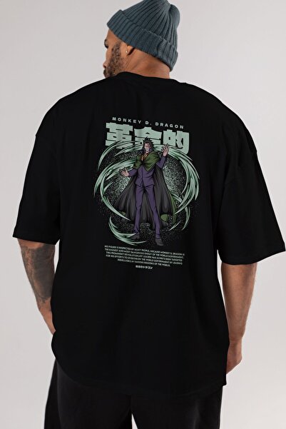 Ankhises Monkey D. Dragon Anime Leđa Štampano Crna Oversize kroj T-shirt Mušk...